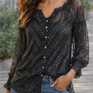 Cupio Black Sheer Blouse with Button Detail